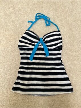 Hula Honey Black White Striped Tankini Top with Turquoise Tie